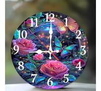 Jinmer Horloge Murale de 25 cm,Motif Rose Abstraite Papillon,Horloge Murale Moderne Bois Silencieuse sans Tic-Tac pour Cuisine, Chambre, Salon, Salle à Manger
