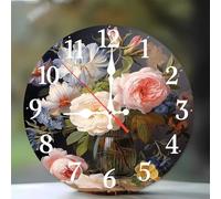 Jinmer Horloge Murale de 35 cm,Motif Pivoine Rose Blanche,Horloge Murale Moderne Bois Silencieuse sans Tic-Tac pour Cuisine, Chambre, Salon, Salle à Manger