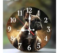 Jinmer Horloge Murale en Bois Ronde 25 cm Motif Bouledogue français, Cuisine, Salon, Horloge Décorative Silencieuse, sans Tic-Tac, Fonctionne à Piles, Décoration D'intérieur