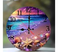 Jinmer Horloge Murale en Bois Ronde Motif Paysage Plage Étoile de mer, Cuisine, Salon, Horloge Décorative Silencieuse, sans Tic-Tac, Fonctionne à Piles, Décoration D'intérieur,20 cm