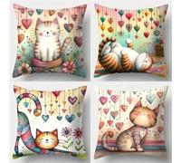 Jinmer Housse de Coussin Chat Mignon 35x35 cm Lot de 4 Decoration Canapé Dessin animé Housses de Coussins en Velours Modernes Decoratif Carrées Taie d'oreiller pour Chambre,canapé,Chaise,Lit,Jardin