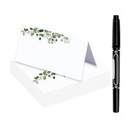 JINMURY Lot de 50 marque-places en forme d'eucalyptus avec stylo, vert, 8,9 x 5,1 cm, pour mariage ou dîner
