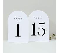 JINMURY Numéros de table en acrylique avec support - 12,7 x 17,8 cm - Arche blanche - Numéros de table de mariage et support pour centre de table, événement, réception de mariage (blanc, police noire