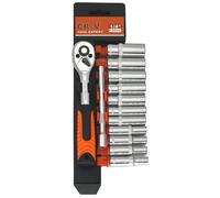 JinPhon 13Pcs Jeu de Clés à Cliquet 1/4, Coffret Clés à Douille Longues 1/4 Douilles Hexagonal Cr-V, Clef Cliquet Réversible avec Tige d'extension Douille Longue (4-14 mm)