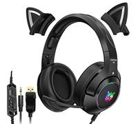 JINQII Casque de jeu avec micro - Son de 3,5 mm - Oreilles de chat amovibles - RGB lumineux - Réduction du bruit - Pour téléphone portable ou ordinateur