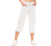 JINSHI Hosen Damen Sommer Cargohose 3/4 Lange Capri Freizeithose mit Mehrfach-Taschen Blanc S