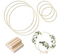 Jinsion Cercle Métal avec Socle, 3 Pièces 10cm + 3 Pièces 20cm Metal Anneaux Décoratifs avec Support en Bois, Cercle en Métal Doré, Anneau Métal pour Décoration Table Mariage, Décoration Noël