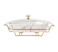 jinsongdafa Plat à gratin en porcelaine avec couvercle en verre et grille - 1200 ml - Plat à gratin pour buffet - Plat à gratin pour la conservation des aliments - Plat à gratin pour restauration pour