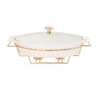 jinsongdafa Plat à gratin ovale en porcelaine avec couvercle en verre et grille, 1600 ml, soupe pour servir, réchaud pour buffets, plat à gratin pour conserver les aliments
