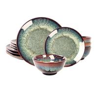 jinsongdafa Service de table 12 pièces - Vaisselle ronde réactive en porcelaine avec assiettes plates, bols et assiettes creuses pour 4 personnes, passe au micro-ondes et au lave-vaisselle (n°2)