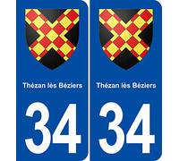 JINTORA - 2 Plaque immatriculation Voiture département 34 Thézan lès Béziers Blason Ville - Autocollant Voiture - Résistant aux intempéries - Vinyle Durable - Facile à Coller Accessoire déco Original