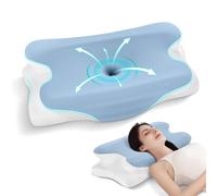 JINXIA Oreiller Ergonomique Cervical, Oreiller Apnée du Sommeil et Anti-Ronflement, Coussin Ergonomique Cervical pour Toutes Positions, avec Housse Amovible, Bleu Blanc