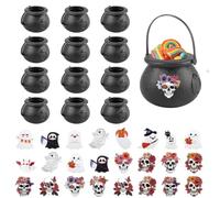 JINXIAN 12Packs Chaudrons de Sorcière Halloween Seaux 7x5,5cm pour Bonbons | Noir Chaudron Halloween avec Poignée et 24 Autocollants Idéal Comme Panier de Vaisselle D'halloween ou Décoration de Fête