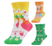 JINXIAN 3 Paires de Chaussettes Fantaisie à Motif Lapin Vert/Blanc/Orange Chaussettes Unisexes Confortables pour Pâques en Famille Taille Decoration Paques (37-43)
