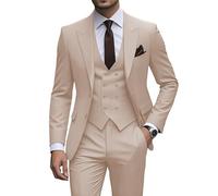 JinXuanYa Costume 3 pièces pour homme - Coupe ajustée - Smoking formel - Pour le travail, le bal de fin d'année, le mariage, les garçons d'honneur (blazer + gilet + pantalon), beige, L