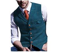 JinXuanYa Gilet Costume Tweed À Carreaux Retro Hommes Laine Sans Manches Col Cranté Formel Bleu M élégant Désinvolte Garçons d'honneur de Mariage de Bal