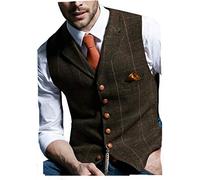 JinXuanYa Gilet Costume Tweed À Carreaux Retro Hommes Laine Sans Manches Col Cranté Formel Café XXXL élégant Désinvolte Garçons d'honneur de Mariage de Bal