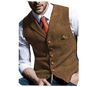 JinXuanYa Gilet Costume Tweed À Carreaux Retro Hommes Laine Sans Manches Col Cranté Formel Marron XL élégant Désinvolte Garçons d'honneur de Mariage de Bal