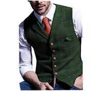 JinXuanYa Gilet Costume Tweed À Carreaux Retro Hommes Laine Sans Manches Col Cranté Formel Vert XXXL élégant Désinvolte Garçons d'honneur de Mariage de Bal