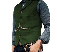 JinXuanYa Vert Gilets sans Manche Désinvolte Homme Costume Formel Gilet de Costume de Tailleur en Lainage la Laine Tweed Rétro Arête de Hareng col Cranté élégant Garçons d'honneur de Mariage de Bal-L
