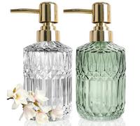 JINYOMFLY Lot de 2 Distributeurs de Savon en Verre Vert Transparent, Élégant Flacon Pompe 390 ML, Vintage pour Salle de Bain