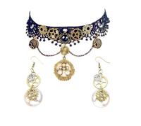 JinYu Ensemble collier ras du cou et boucles d'oreilles steampunk pour Halloween Punk Costume de Steampunk Rétro Gear Clock Cog Femme Gothique Dentelle Noir Colliers Halloween Lolita Victorian