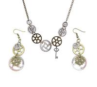 JinYu Parure de bijoux 3 pièces vintage or et argent engrenage engrenage steampunk collier et boucles d'oreilles, Non, Pas de gemme