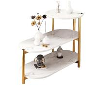 JinZao Table D'appoint Blanche, Bout De Canape De Salon, Petite Table Basse Noire, avec Étagère De Rangement en Bois À 3 Niveaux, Plateau Plaqué Marbre, avec 4 Pieds en Acier Carbone(B,65X30X62CM)