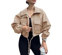JINZHAO Blouson bomber court léger militaire pour femme avec poches, kaki, Medium