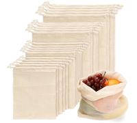 Jinzhenhong Lot de 20 sacs réutilisables en maille de coton à double couture avec cordon de serrage pour le shopping, le transport et le stockage de fruits et légumes, beige, 4 Size, Fasion