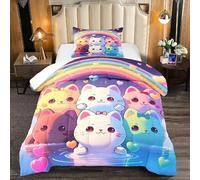Jiospet Parure de lit Motif Chat Arc-en-Ciel pour lit Simple - Literie Chat Arc-en-Ciel pour Chambre de Fille, Parure de lit Arc-en-Ciel Mignonne pour Enfants, 1 Couette + 1 taie d'oreiller