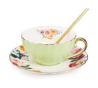 Jiotouhu Ensemble de tasses avec cuillère, tasse à thé et soucoupe vintage en céramique - Tasse à thé élégante avec cuillère et soucoupe - Tasses à thé royales en porcelaine,Vert(235 ml)