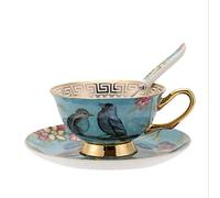 Jiotouhu Ensemble tasse et soucoupe de style européen en porcelaine anglaise pour petit déjeuner, maison, cuisine, motifs oiseaux et arbres (bleu)