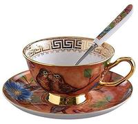 Jiotouhu Ensemble tasse et soucoupe de style européen en porcelaine anglaise pour petit déjeuner, maison, cuisine, motifs oiseaux et arbres (rouge)