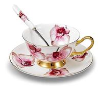 Jiotouhu Série Fleur Phalaenopsis, Ensemble Tasse Soucoupe Porcelaine Anglaise à la Cendre d'os, Bone Chine Service à Thé Café,avec Cuillère- 1 Set 200ml
