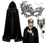 Jiounie Cape noire avec capuche, set de 4 cape Carnaval costume femme, 140cm Dark Vador cape vampire avec masque, Deguisement Carnaval Femme Noir Vampire Costume pour Halloween Masquerade