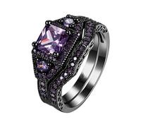 Jipersuo Lot de 2 bagues de fiançailles carrées noires et violettes en oxyde de zirconium pour mariée avec strass et zircone cubique 5 12 bagues minimalistes pour femme, 7, Métal