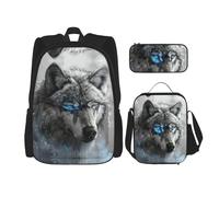 JIPOFD Blue Eyes Wolf Ensemble sac à dos avec sac à déjeuner et trousse à crayons Sac à dos grande capacité avec sac à déjeuner, noir, One Size