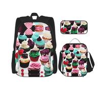 JIPOFD Delicious Cupcakes Sac à dos avec sac à déjeuner et trousse à crayons Sac à dos grande capacité avec sac à déjeuner, noir, One Size