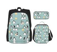 JIPOFD Ensemble sac à dos avec sac à déjeuner et trousse à crayons Motif pingouin et flocon de neige, noir, One Size