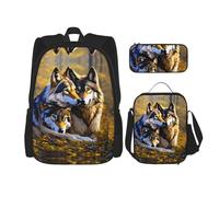 JIPOFD Ensemble sac à dos loups avec sac à déjeuner et trousse à crayons - Sac à dos de grande capacité avec sac à déjeuner, noir, One Size