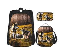 JIPOFD Ensemble sac à dos loups avec sac à déjeuner et trousse à crayons - Sac à dos de grande capacité avec sac à déjeuner, noir, One Size