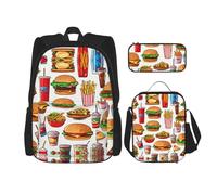 JIPOFD Fast Food Ensemble sac à dos avec sac à déjeuner et trousse à crayons Sac à dos grande capacité avec sac à déjeuner, Noir/blanc, taille unique
