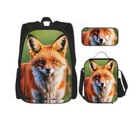 JIPOFD Fox Ensemble sac à dos avec sac à déjeuner et trousse à crayons Grande capacité avec sac à déjeuner, Noir/blanc, taille unique
