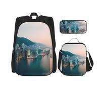 JIPOFD Hong Kong Ensemble sac à dos avec sac à déjeuner et trousse à crayons Sac à dos grande capacité avec sac à déjeuner, Noir/blanc, taille unique