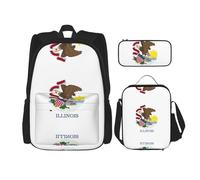JIPOFD Illinois State Flag Ensemble sac à dos avec sac à déjeuner et trousse à crayons Sac à dos grande capacité avec sac à déjeuner, Noir/blanc, taille unique