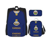 JIPOFD Kansas State Flag Ensemble sac à dos avec sac à déjeuner et trousse à crayons Sac à dos grande capacité avec sac à déjeuner, noir, One Size