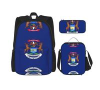 JIPOFD Michigan State Flag Ensemble sac à dos avec sac à déjeuner et trousse à crayons Sac à dos grande capacité avec sac à déjeuner, Noir/blanc, taille unique