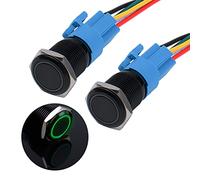 JIQI 2 × 16 mm Interrupteur à bouton-poussoir en métal à verrouillage 12 V à 24 V 2 A IP66 1NO Étanche Noir Interrupteur d'alimentation LED éclairé pour moto bateau RV (Vert)
