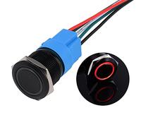 JIQI 22 mm Interrupteurs à bouton-poussoir étanches momentanés 12 V à 24 V 5 A Interrupteurs à bouton marche/arrêt avec éclairage LED Corps en métal noir IP66 1NO1NC pré-câblé (rouge)